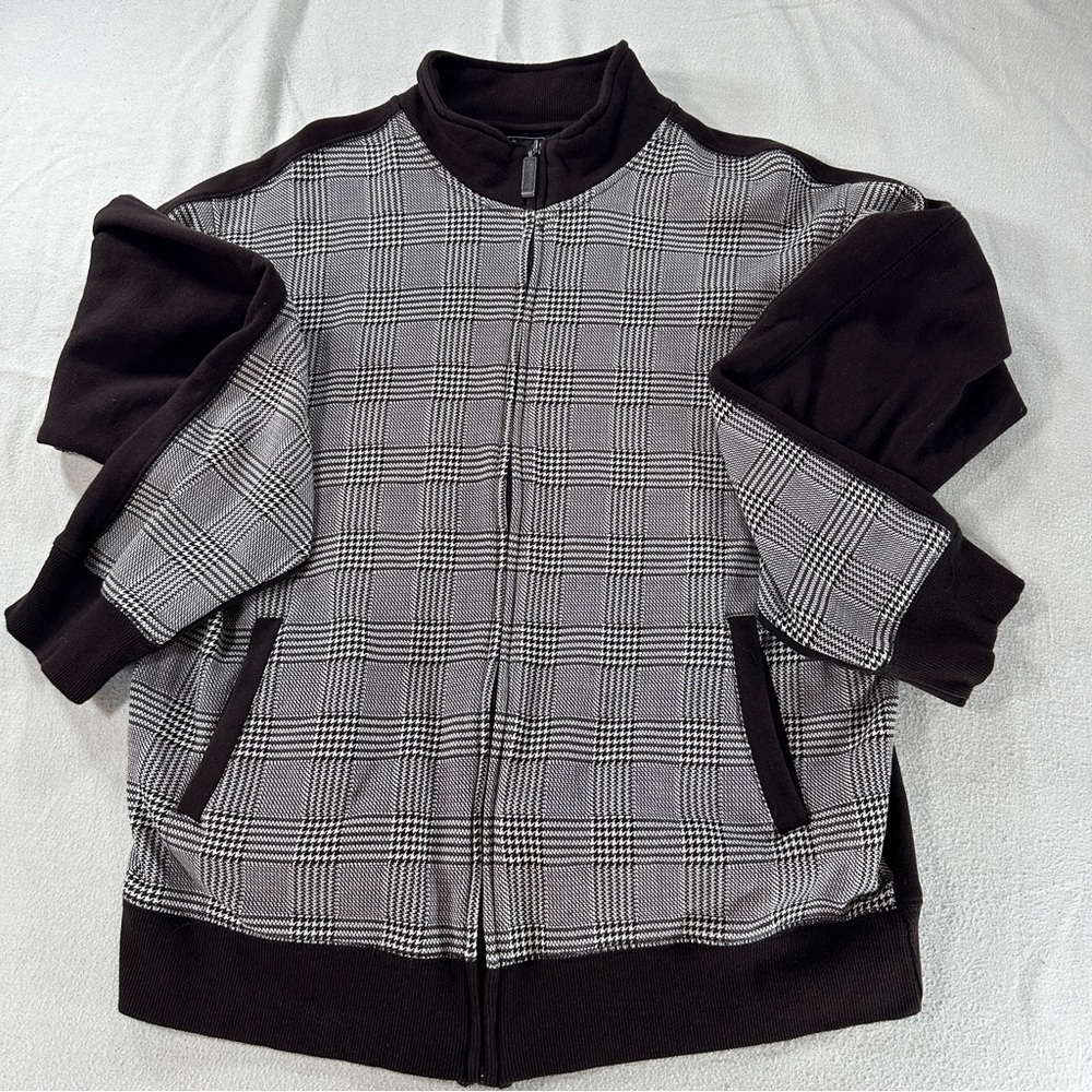 Irreverent Men's Sz L Choc Brown/White Zipup Sweatshirt Jacket Houndstooth